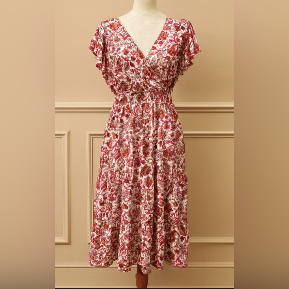 Knox Rose Floral “ Callalily” Tiered Midi Dress, w/ pockets, Size Medium, GUC